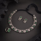 Oxidised Green Stone Necklace with Ring (combo)