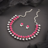Oxidised Pink Stone Kolhapuri Necklace