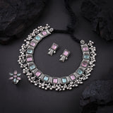 Oxidised Pink Mint Monalisa Stone Necklace with Ring set