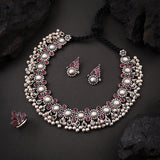 Oxidised Red stone Necklace With Ring Set