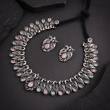 Oxidised Pink Mint Monalisa Stone Necklace set