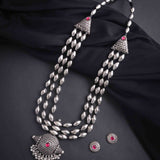 Oxidised 3 Layer Bormala with Damroo Pendant Long Necklace