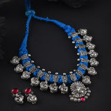Oxidised Peacock BlueThread Necklace