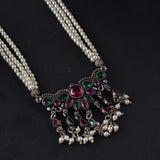 Oxidised Green Pink Stone Tanmani Necklace