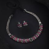 Oxidised Pink Stone Leaf Motif Delicate Necklace