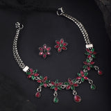 Oxidised Green & Pink Stones Star Motif Necklace