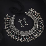 Oxidised Kolhapuri Belpan Motif with Monalisa Stone Hanging Necklace
