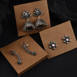 Sacred Bloom Jhumka & Stud Earrings – Oxidized Silver Love Edit