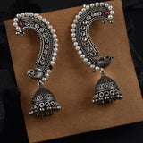Pearl Swan Jhumka Earrings – Oxidized Silver Love Statement