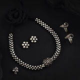 Oxidized Beaded Necklace Combo Set with Earrings & Rings – Classic Silver Finish