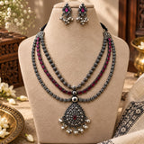 Oxidised 3-Layer Ruby Pink Necklace