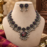 Oxidised Pink Floral Necklace